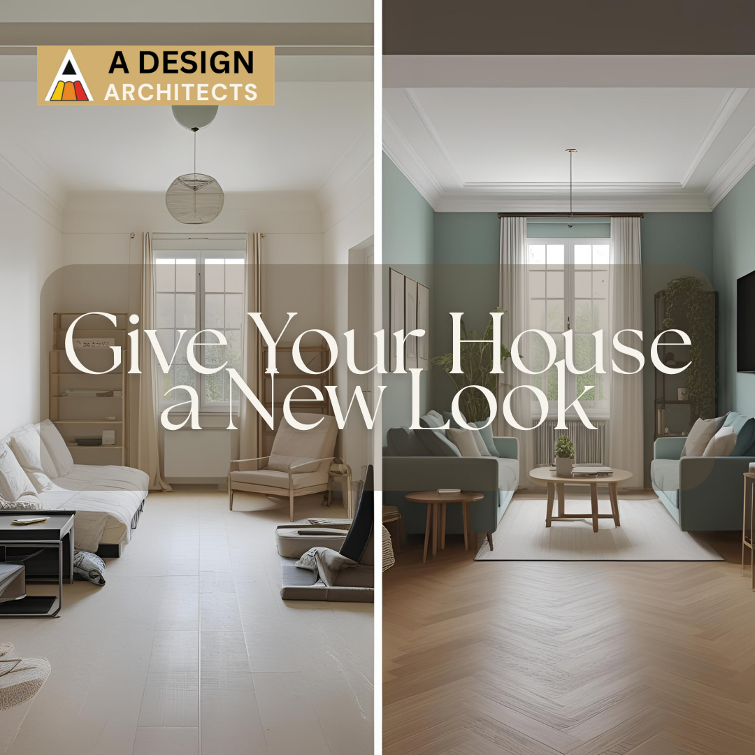 Best Ways to Give Your House a New Look. Before and after home makeover showing interior design transformation of a modern living room by A Design Architects in Ahmedabad – experts in home makeover, interior design, and architectural planning.